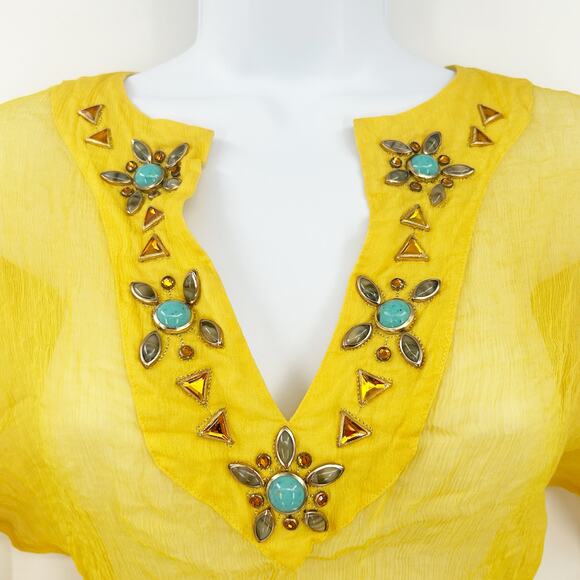 Baby Phat Womens Y2K Vintage 100% Silk Beaded Sheer Tunic Top Cover Up XL Yellow - Picture 2 of 7